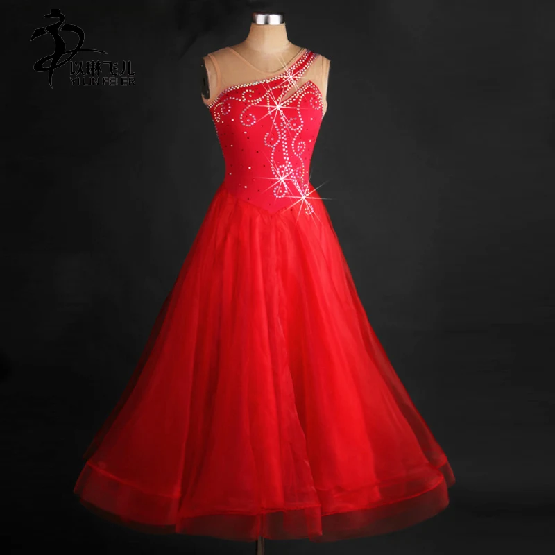 Ballroom Dance Dress Modern Waltz Standard Competition Rhinestone Red Dress