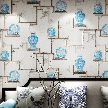 

Modern Chinese Blue And White Porcelain Ceramic Wallpaper Living Room Bedroom Restaurant Sofa TV Setting Wall Paper