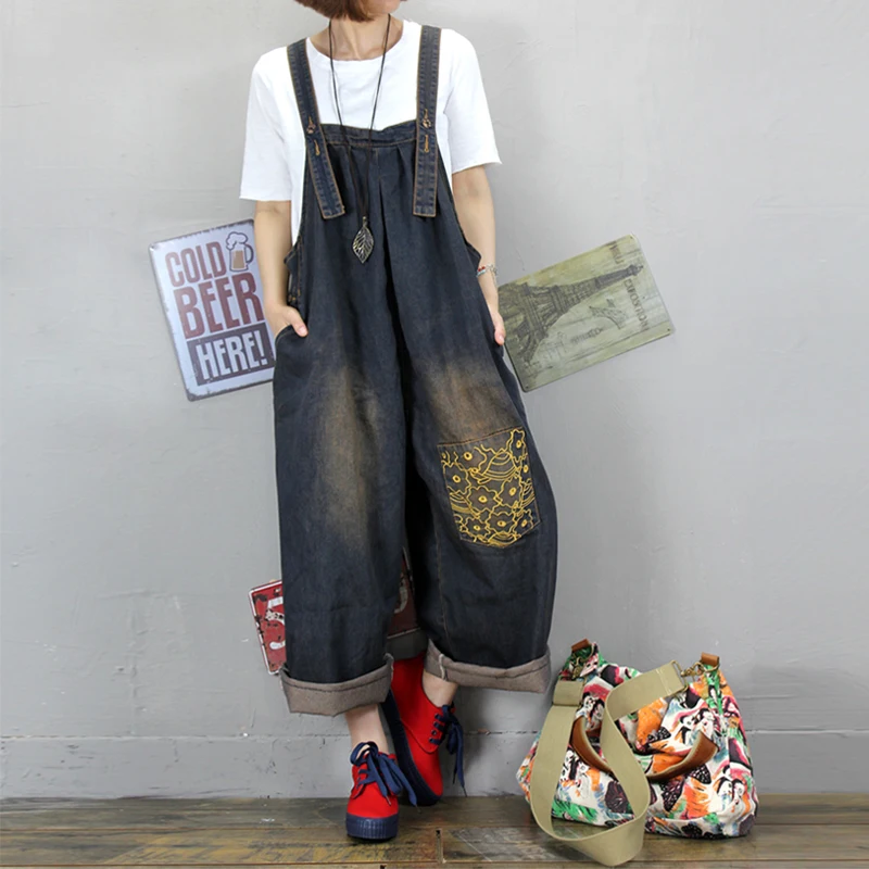 

Free Shipping 2019 Fashion Embroidery Overalls Wide Leg Cotton Loose Jumpsuits And Rompers With Pockets Ankle Length Jumpsuit