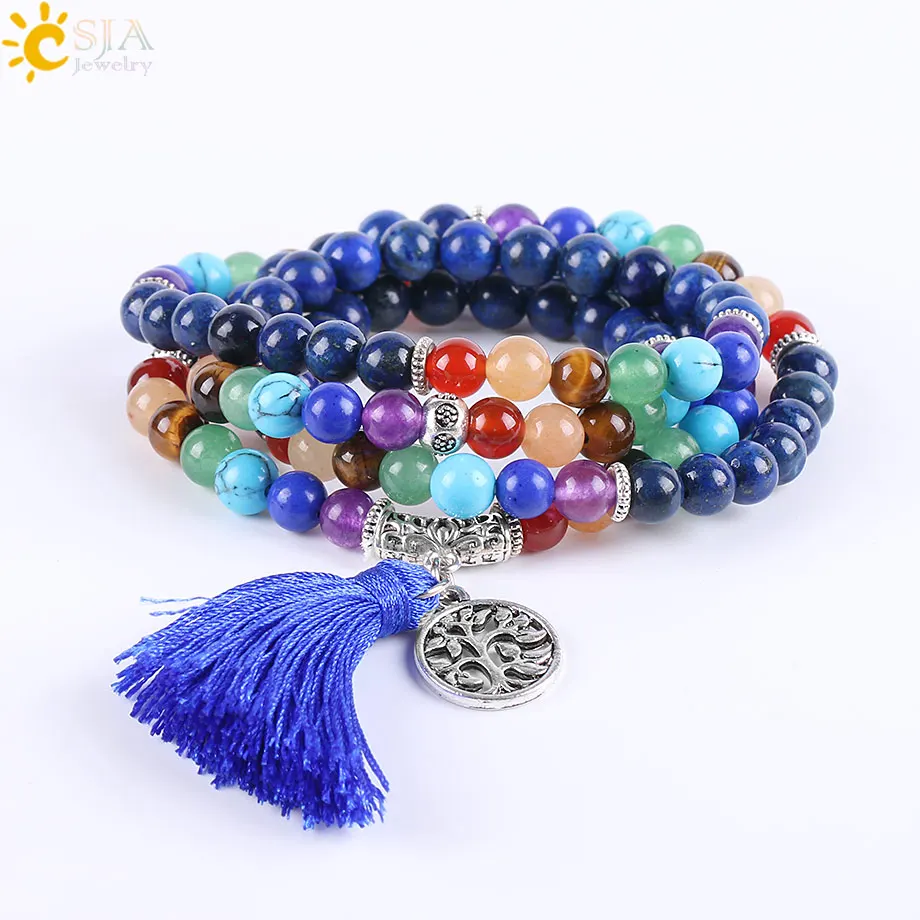 CSJA 7 Chakra Multilayer Charms Bracelets Jewelry Lapis Lazuli 108 Mala Prayer Beads Reiki Healing Yoga Meditation Power 6 6