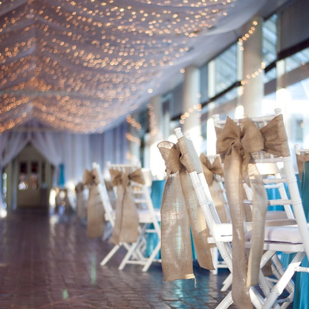 

Free Shipping 10pcs Hessian Jute Burlap Chair Sashes Jute Chair Tie Bow Rustic For Wedding Festival Party Hotel Home Decoration