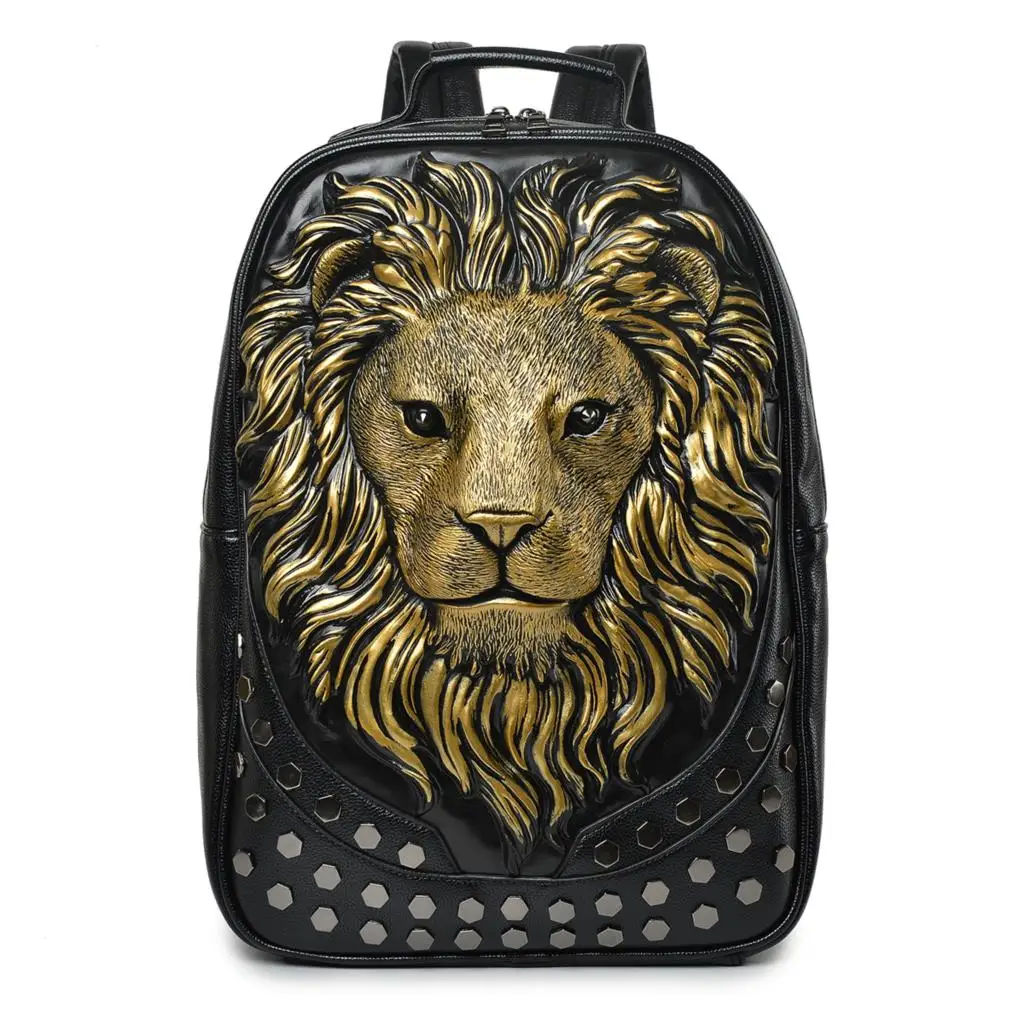 Для мужчин рюкзак Для женщин из мягкой кожи 3D тиснением голова льва с заклепками Gother для путешествий в стиле «панк-рок» рюкзак для ноутбука школьные сумки повседневные сумки на ремне - Цвет: big