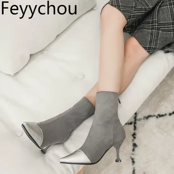 

Women Boots Autumn Winter High Heel Warm Flock Pointed Toe Zipper Mid-Calf Mixed Colors 2018 Sexy New Fashion Black Size 34-48