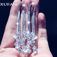Уникальный дизайн, горячее предложение, серебряный цвет, не вызывает аллергии, иглы, u-образные, длинные кисточки, кубический цирконий, серьги для женщин, вечерние, свадебные, XUF109