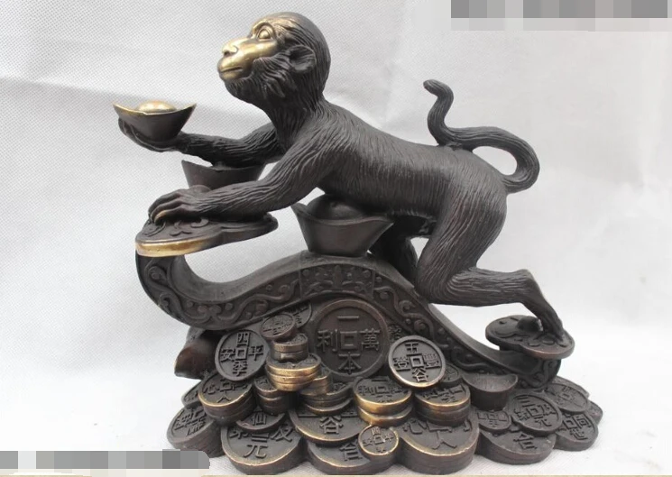 

8"Chinese Fengshui Bronze Zodiac Year Money drawing Yuan Bao Monkey Statue