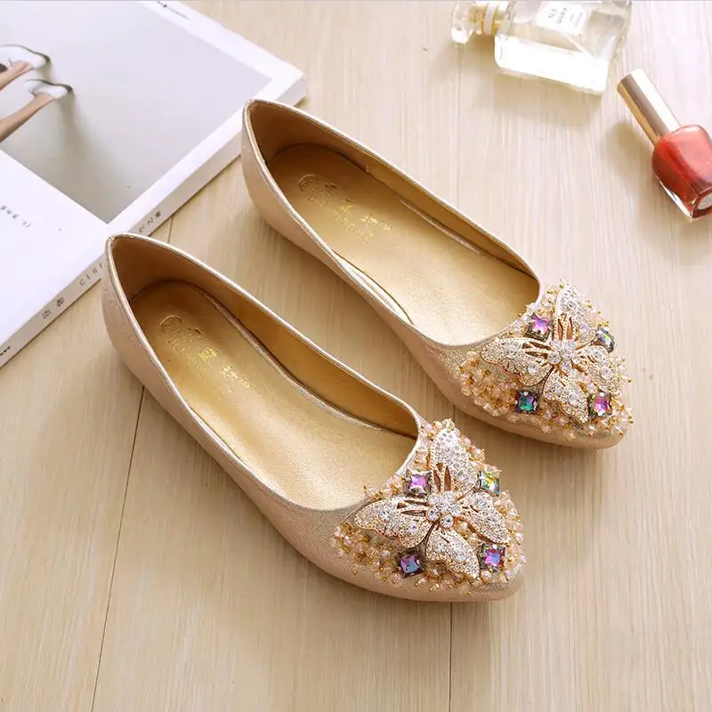 

OEAID Large Size Women's Shoes 2019 New Korean Version Of The Wild Rhinestone Beaded Pointed With Flat Shoes Butterfly Shoe