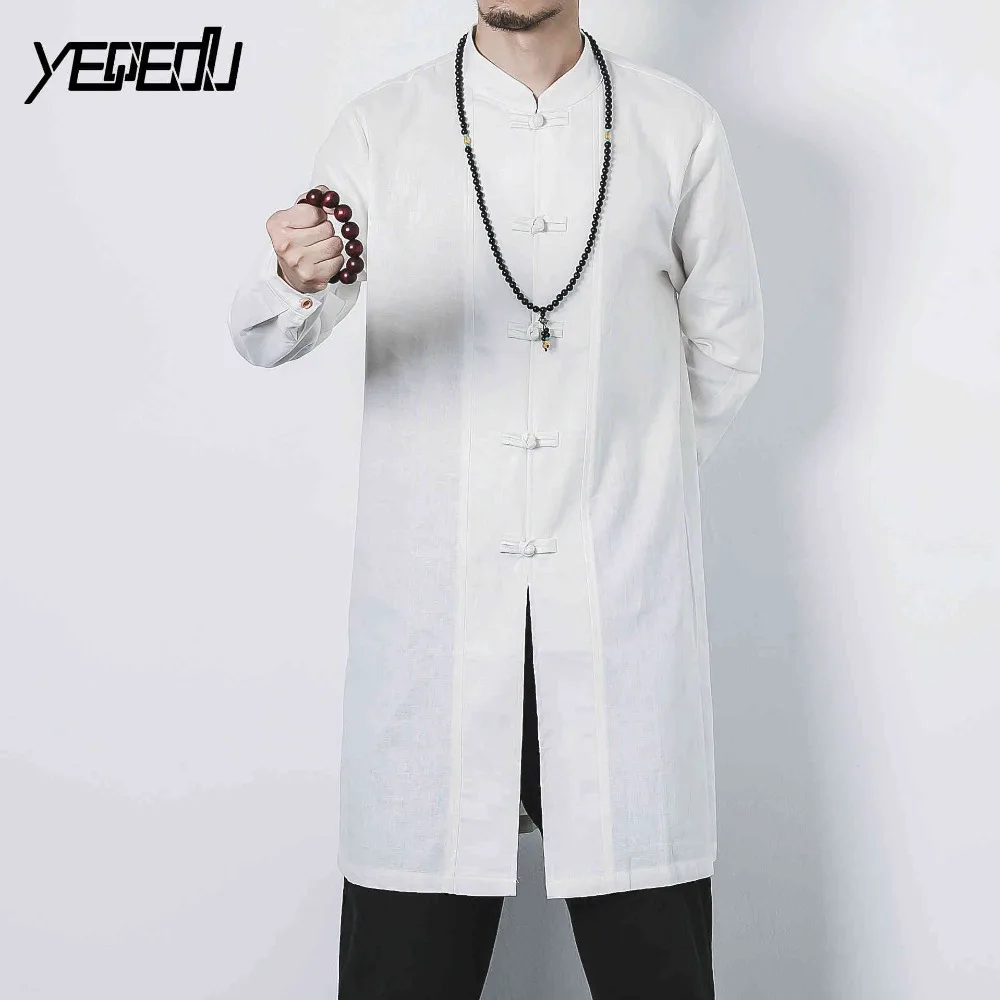 #2701 2018 White/Black Linen shirts men Fashion Extended Stand collar Single breasted Plate buckle Man high quality M-5XL | Мужская