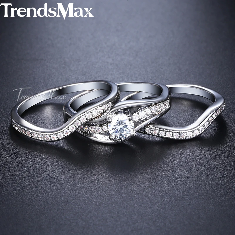 Trendsmax Paved Round Cubic Zirconia CZ Wedding Band Ring Set For Women White Gold Filled Fashion Jewelry KGR44