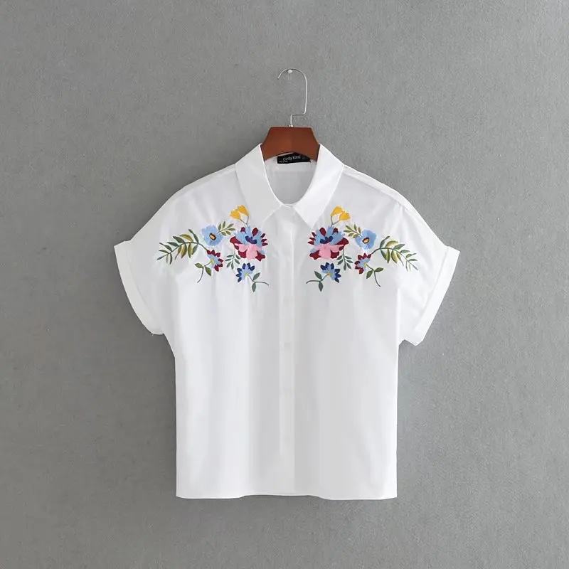 

2017 New vestidos Women retro flower and plants embroidery Blouses work wear short sleeve casual Feminine Blusas Tops