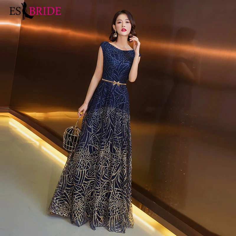 

Formal Evening Dresses 2019 Royal Blue Sexy A Line Sleeveless Backless Party Gowns with Split Fashion Robe De Soiree ES1411