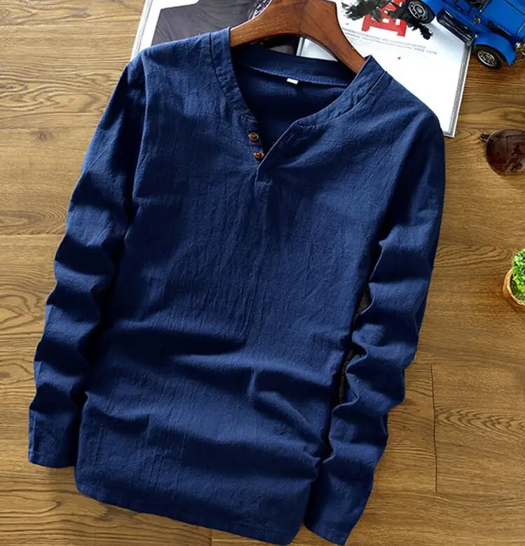 Осенние мужские рубашки из хлопка и льна с длинным рукавом и воротником-стойкой, большие размеры M-6XL 7XL, Весенняя льняная блузка, черная, синяя, белая рубашка - Цвет: navy blue