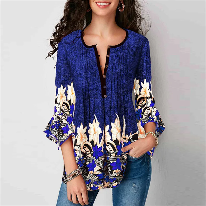 2019 Spring and autumn Long Sleeve Floral Print V-neck Womens V Neck Short Sleeve Curved Hem Tie Dye Business Tunic Blouse