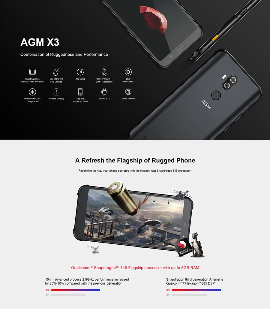 AGM X3 8 GB 256 GB смартфон 5,99 "FHD 18:9 Snapdragon 845 Octa Core 20MP + 24MP Android 8,1 OTG NFC IP68 Водонепроницаемый 4G мобильный телефон