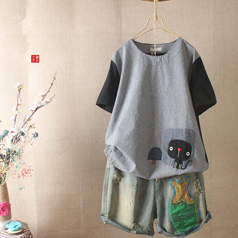 

Cute Harajuku Embroidery Cartoon Tshirt O-Neck Loose Cotton Linen Tops Short Sleeve Mixed Color Plaid Tee Shirt Women Mori Girls