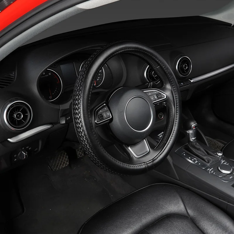 AUTOYOUTH-PU-Leather-Steering-Wheel-Cover-Black-Lychee-Pattern-with-Anti-slip-Braiding-Style-M-Size (1)