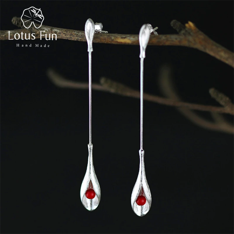 

Lotus Fun Real 925 Sterling Silver Natural Stone Handmade Fine Jewelry Vintage Elegant Long Dangle Earrings for Women Brincos