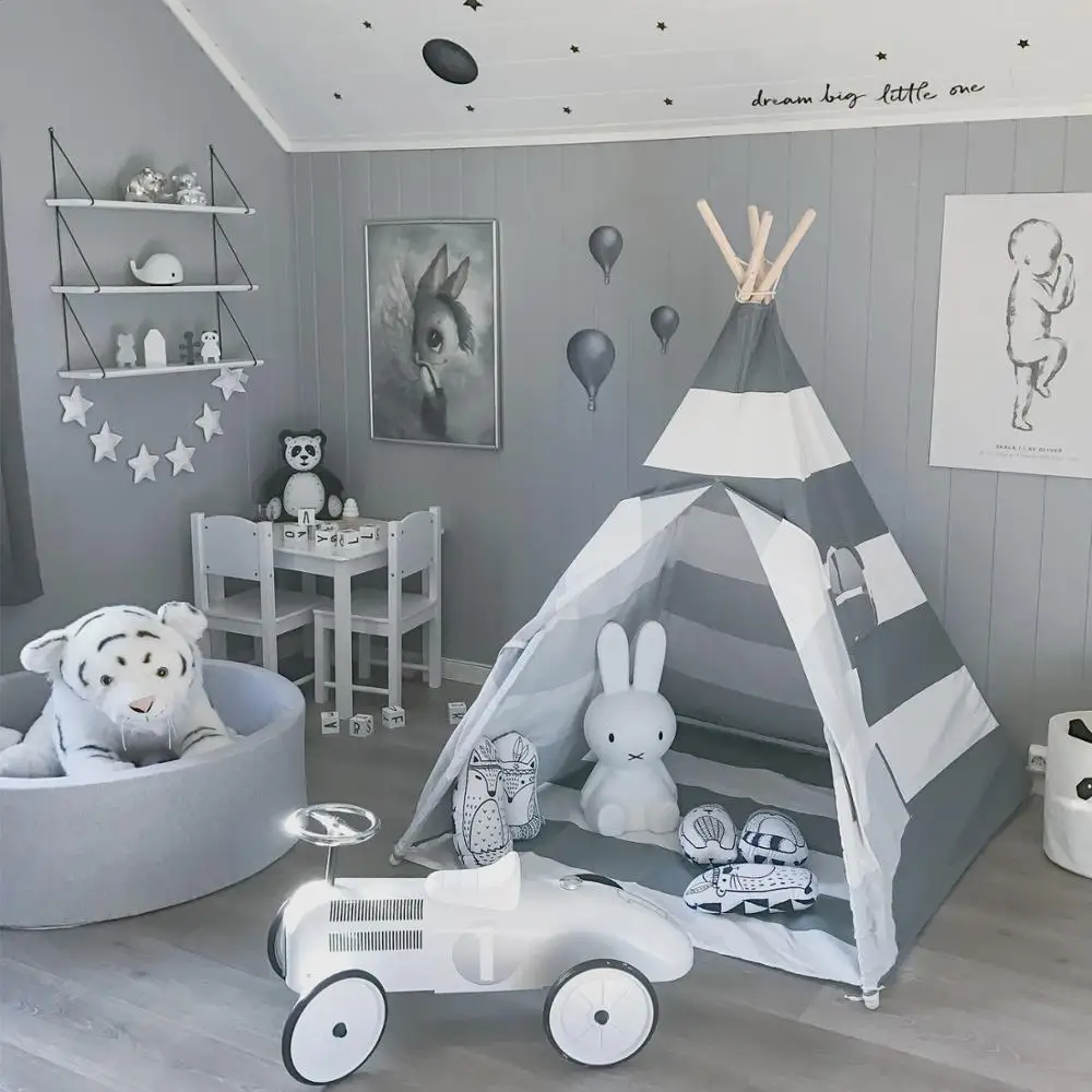 Tienda de juego Teepee para niños-100% lona de algodón gris rayas niños Tipi Playhouse con alfombra interior al aire libre niños niñas regalo del bebé - 5