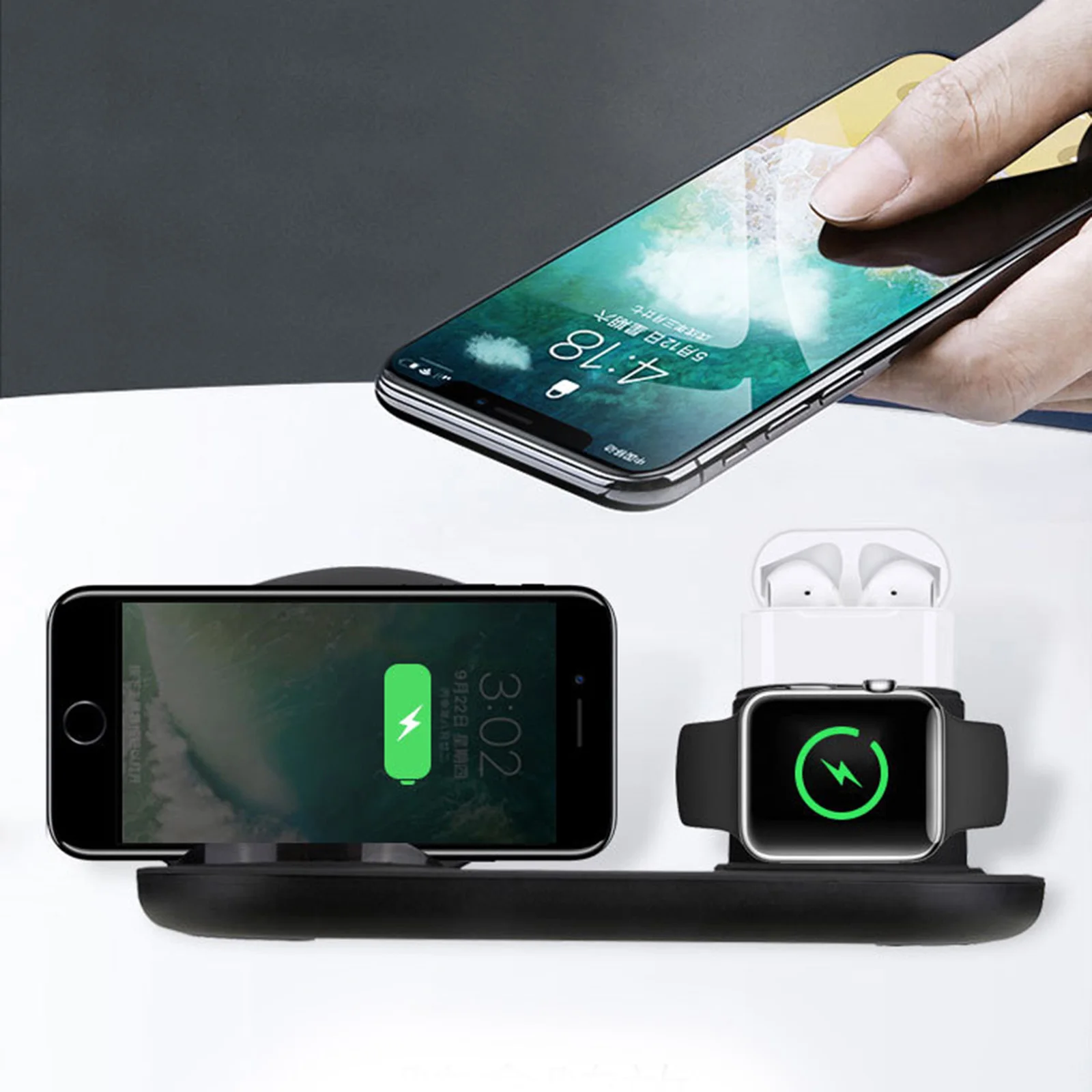 

3in1 Fast QI Wireless Charger Charging Dock for Apple Watch/Airpods Charging Station for iPhone Xs/Xr/Xs Max/Samsung Galaxy S9