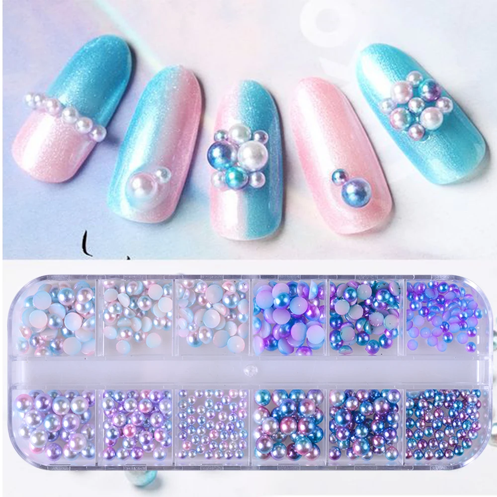 

1Set Semi-circle/Circle Pearl Nail Beads Decoration Mermaid Gradient Studs 3d Nail Art Decorations Deep Light Colors Mixed LA497
