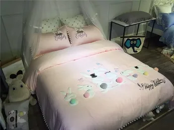 

Cute Rabbit Girls Duvet cover set 60S Egyptian cotton Pink Bedding set Queen King size 4/6pcs For Girl Bed linen sheet set Gift