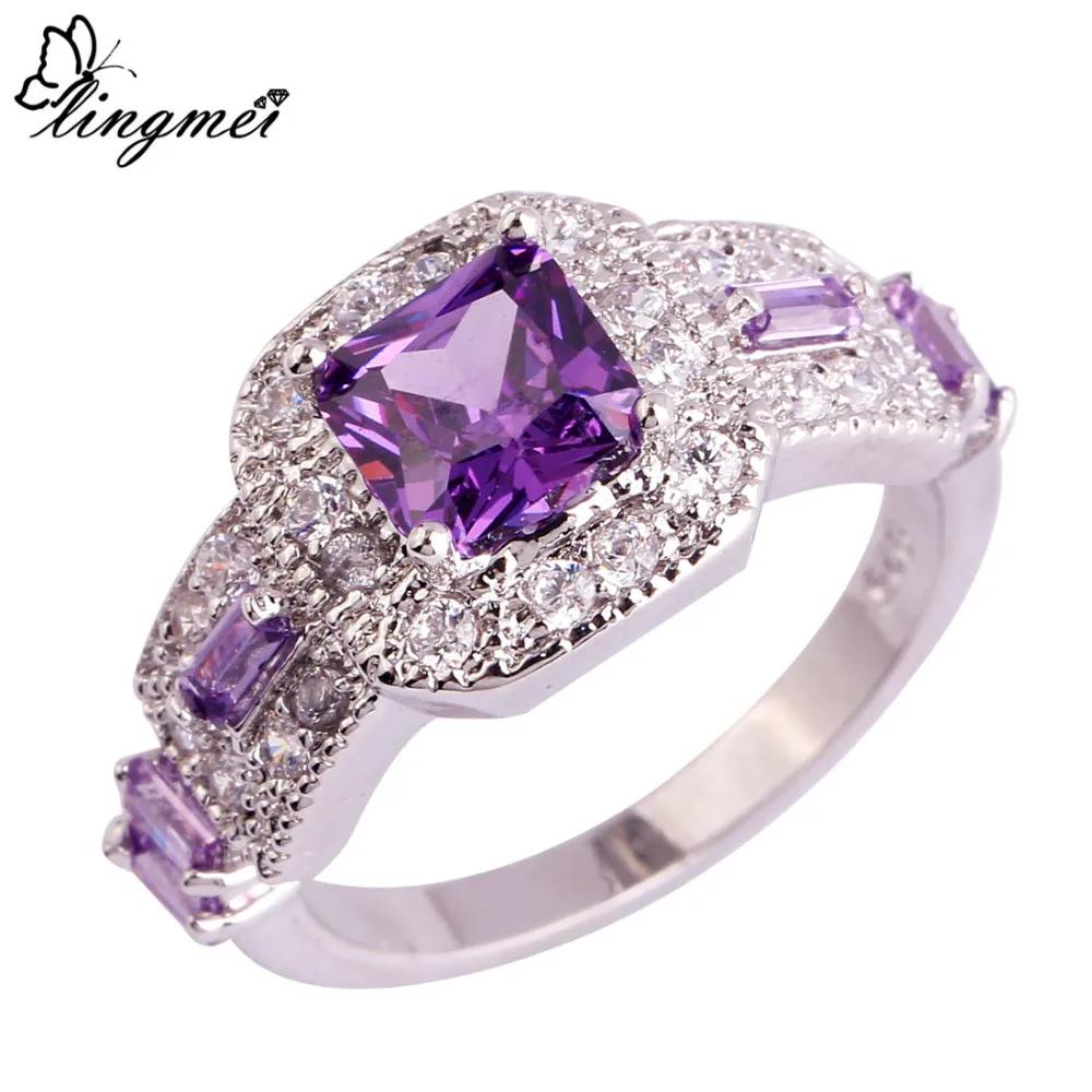 

lingmei Fashion Jewelry Wedding Women Party Gift Purple White CZ Silver Color Ring Size 6 7 8 9 10 11 Wholesale 1018R1