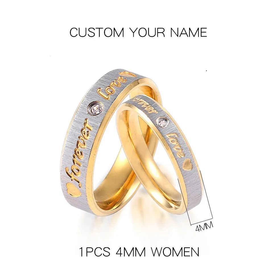 RIR пользовательское имя золото навсегда любовь свадебные кольца для пары вечность помолвка сердце и кристалл для мужчин и женщин кольцо из нержавеющей стали - Цвет основного камня: 1 pcs 4mm Custom