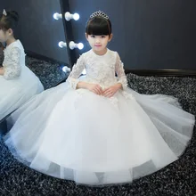 Благородные милые платья для девочек с длинными рукавами, длиной до щиколотки, с цветочным узором; детские белые вечерние платья принцессы с аппликацией для дня рождения