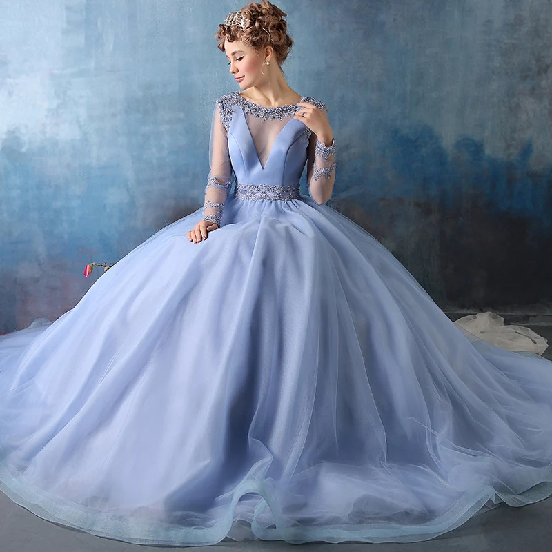 Places blue long sleeve ball gown 92501 velvet made