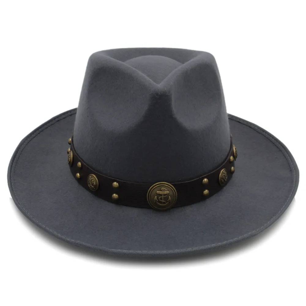 Для женщин фетровая шляпа с широкими полями Джаз Шляпа джентльмен сомбреро леди церкви Hat стимпанк Ремень Размеры 58 см - Цвет: Gray