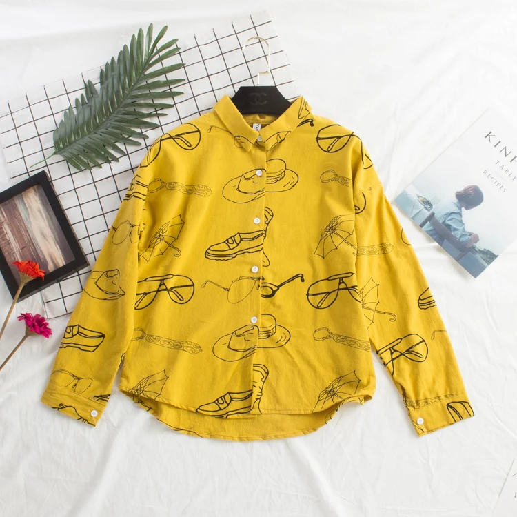 

6 COLOR Funny Glasses Shoes Hat Cartoon Manga Graffiti Print Loose Bat Sleeve Oversize Cotton Linen Blouse Fashion Shirt Blusa