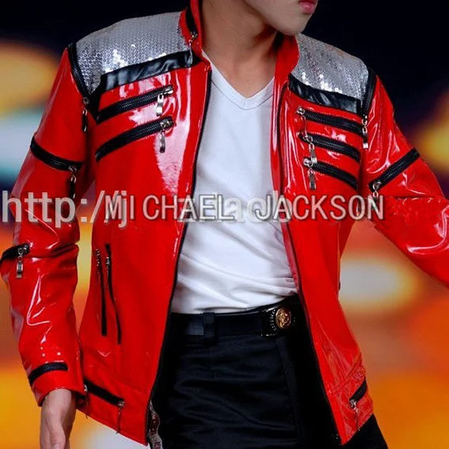 Impersonator Michael Joseph Jackson Costumes Jacket Red Beat It Zipper Sequins Leather Casual Dancer Shows Halloween 4