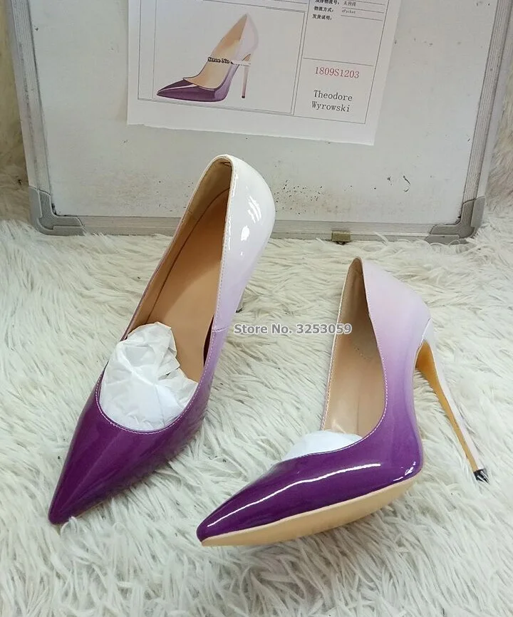 SalePirce Nude/Black Purple Gradient Color Patent Leather Pointed Toe Pumps Stiletto Heels 12cm Banquet Shoes Shallow Cut Pumps