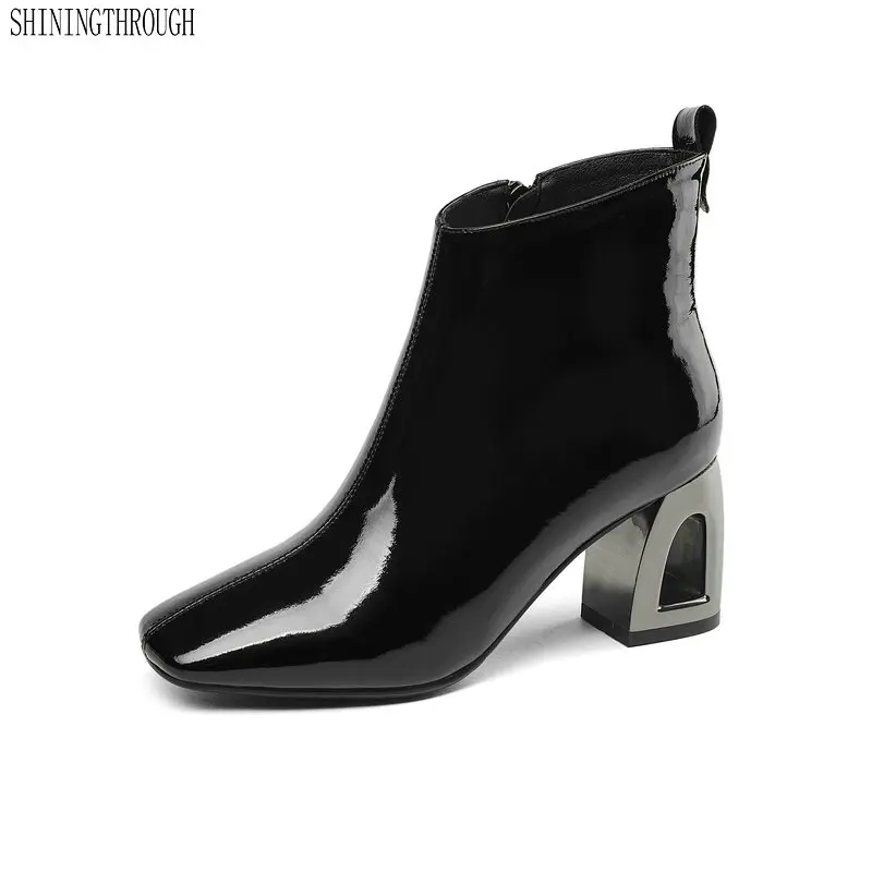 

Women Ankle Boots Autumn Winter Warm Genuine Leather High Heels Shoes Woman square Toe Elegant Basic Boots large size 42