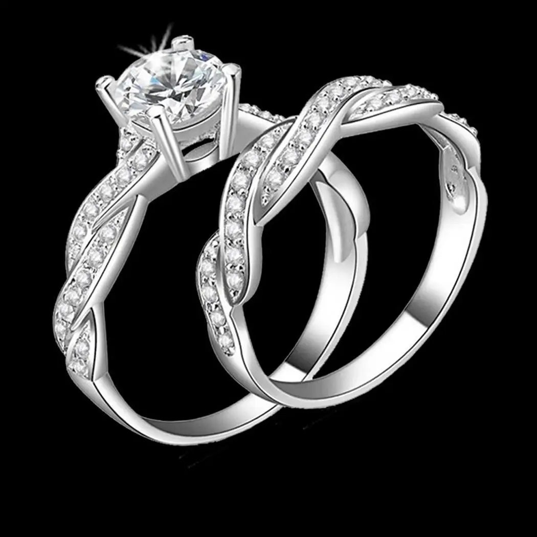 Fashion Wide Silver Engagement Plated Wedding Shining Couple Ring