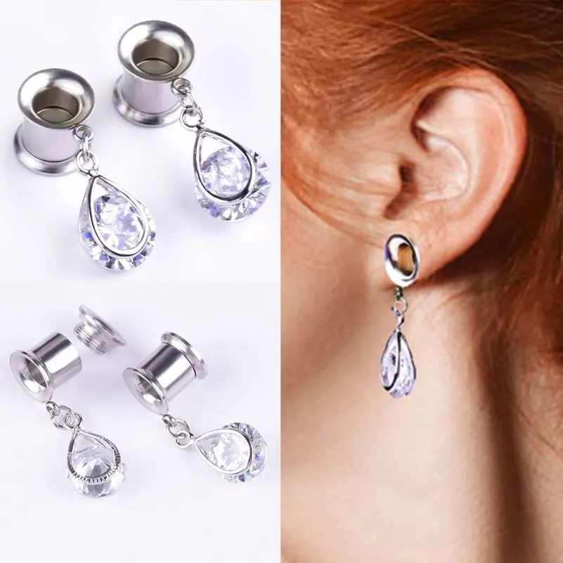 

1Pc Water Drop Crystal Zircon Ear Plugs Tunnels Gauges Expanders Double Flares Ear Plug Flesh Tunnel Piercing Steel Body Jewelry