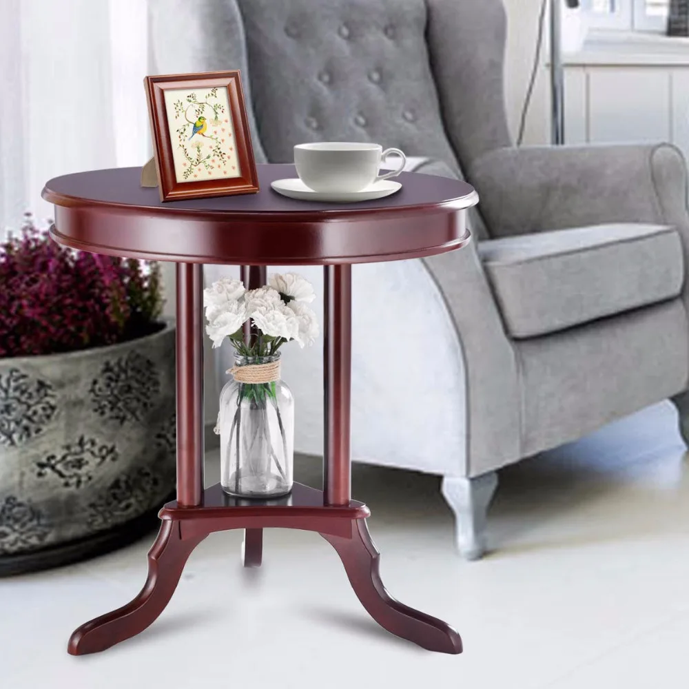 Giantex Round End Table Side Table Home Furnishing Accent Table Shelf Mahogany Living Room Furniture HW57874