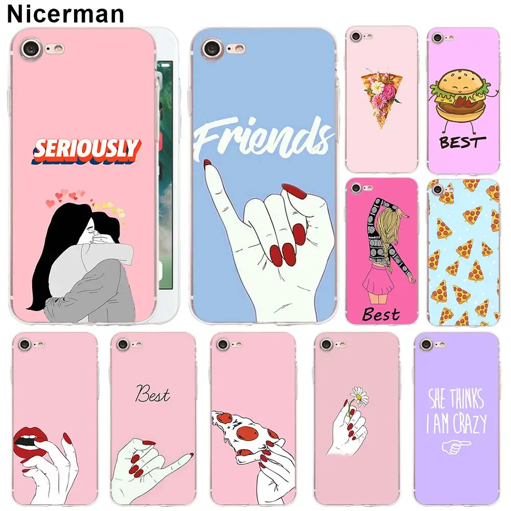 

Clear TPU Case for iPhone X XS XR XS Max 7 8 Plus 6 6s Plus 5 5S Cover bff best friends Pizza food Soft Silicone case