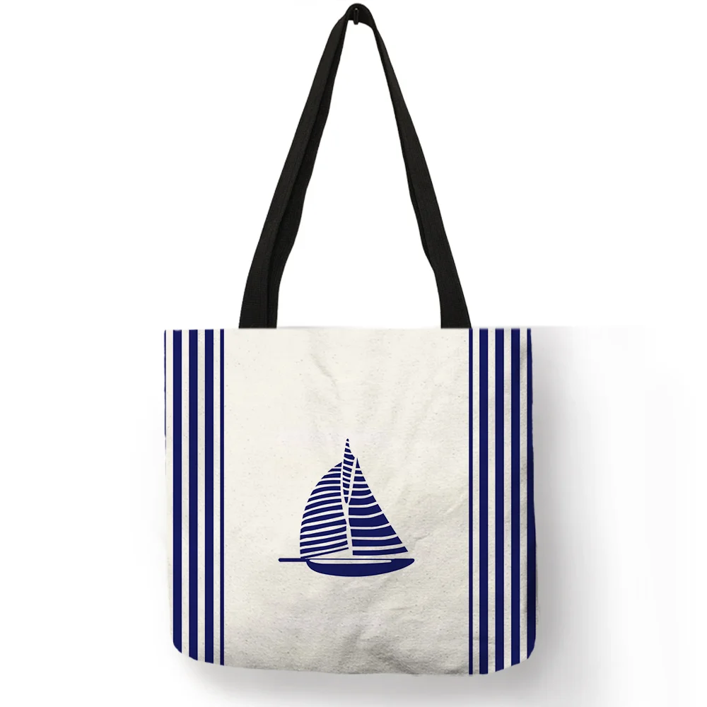 

Ocean Style Stripe Design Tote Bag Sailing Boat Compass Whale Pattern Handbag Students Ladies Travel Holiday Beach Shoulder Bags