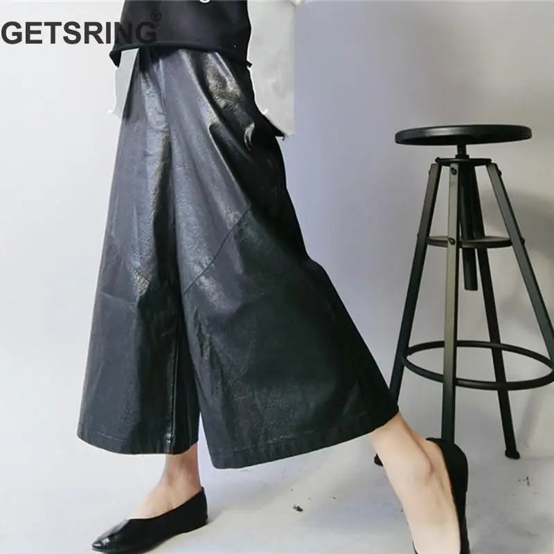 

GETSRING Women Pants Black PU Leather Pants High Waist Loose Wide Leg Pants Elastic Waisted Trousers Loose Leisure Trousers 2018
