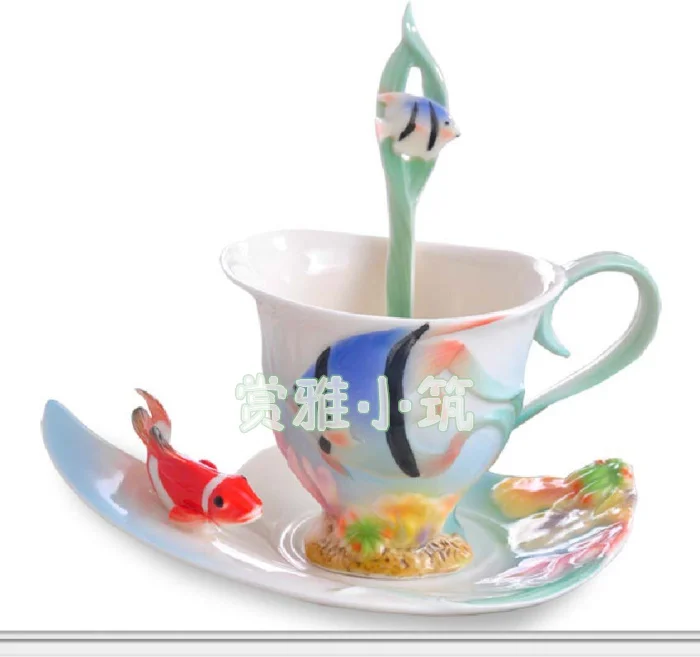 

2018 Newest Creative Ceramic Coffee Cups With Saucer Tea Milk Cup Set with spoon Hot Fish Drinkware-Z0056