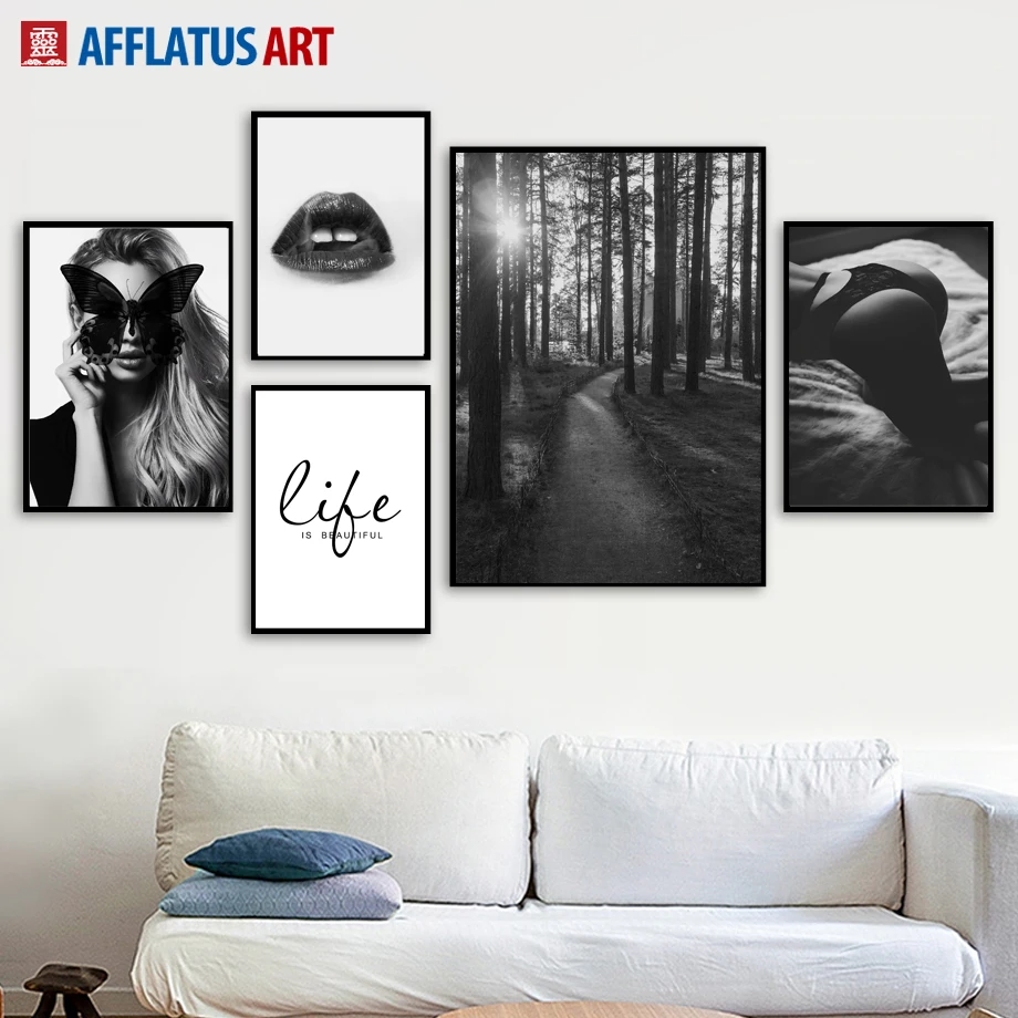 Black White Girl Lip Forest Landscape Wall Art Canvas Painting