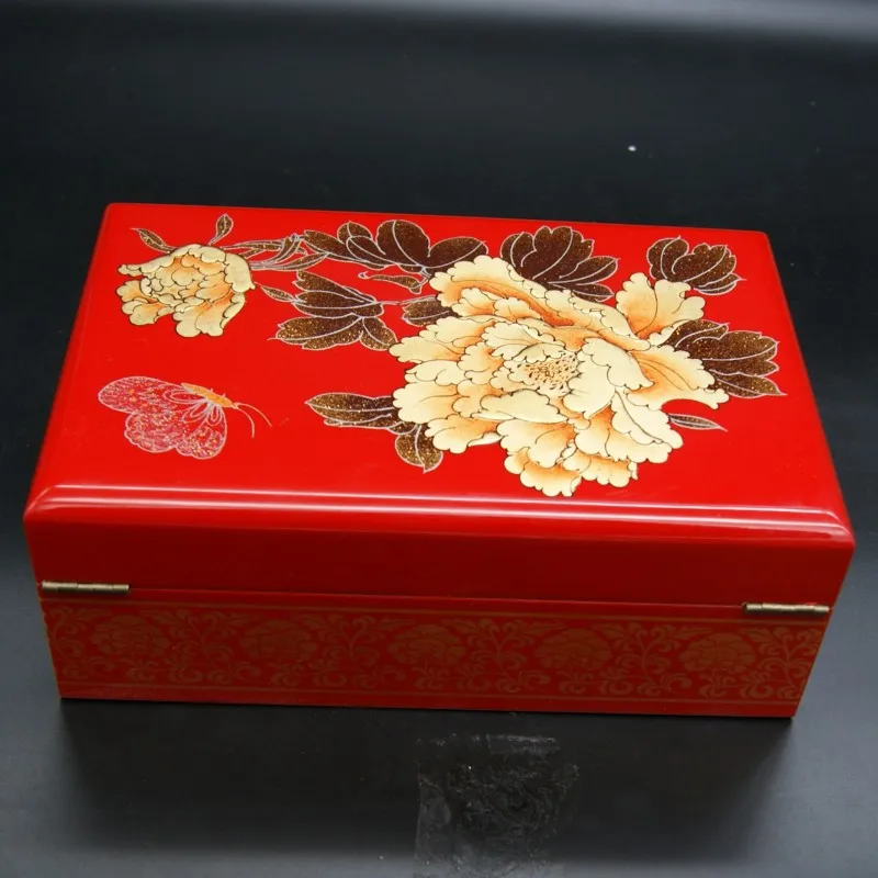 Шкатулка для украшений, антикварные ящики для хранения, ящики, китайская Лаковая посуда, лаковое искусство с замком, 21x14x8 см, красный деревянный прямоугольник, свадебный подарок