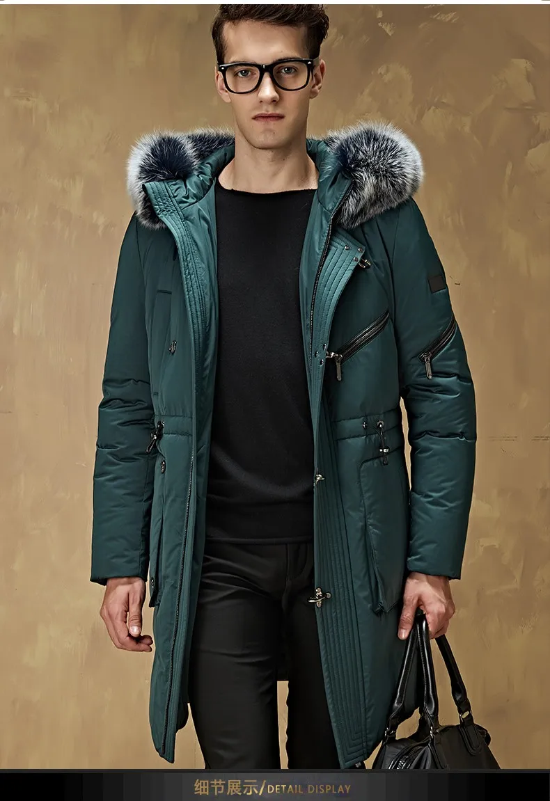 Высококачественное Мужское пальто на утином пуху, воротник из лисьего меха с капюшоном, деловая повседневная куртка на утином пуху, Мужское пальто средней длины, пуховые парки