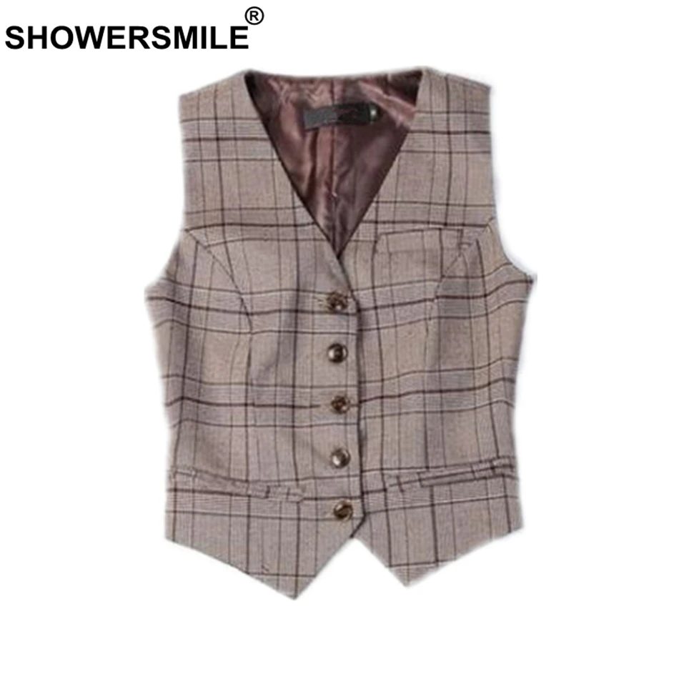 SHOWERSMILE Suit Vest Women Plaid Gilet Spring Short Waistcoat Female Sleeveless Blazer Jacket British Style Women's Vest
