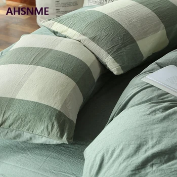 

AHSNME 100% Cotton Nevresim Takimlari Super Soft Bedclothes Cool Summer Light Green Plaid Super california king size bedding set