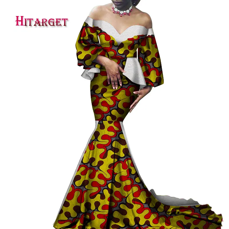 Африканские платья для женщин Bazin Riche с пышными рукавами, сексуальное длинное свадебное платье с глубоким v-образным вырезом, традиционная африканская одежда WY4162 - Цвет: 16