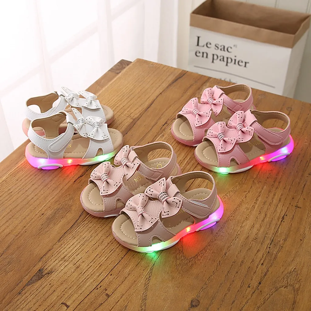 Детские сандалии принцессы; модельные туфли для маленьких девочек; спортивные сандалии со светодиодной подсветкой и бантом для маленьких девочек; Летняя обувь;# XTN