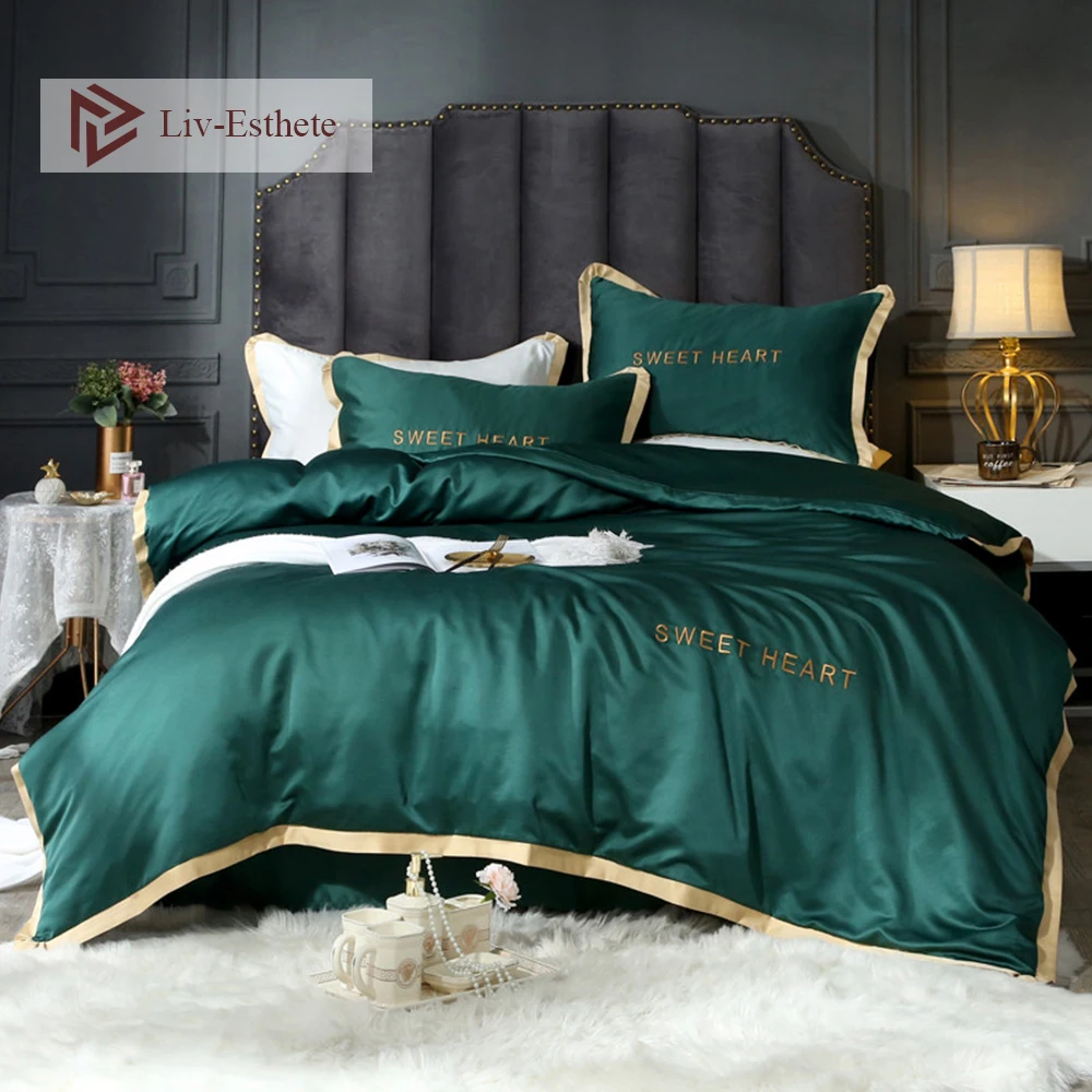 Liv Esthete 100 Silk Dark Green Luxury Bedding Set Embroidery