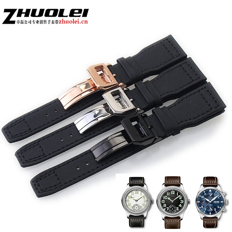 

22mm*18mm buckle Black Nylon Canvas Watch Strap With deployment clasp, Retro Men's for iw watchband bracelet 2pcs pins+1pcs tool