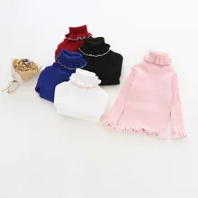 Girls Clothing 2017 New Fall Winter Pinkcolor Turtlwneck Petal Stretch Slim knitted sweater Kids Solid Cute Bottoming shirt Tops